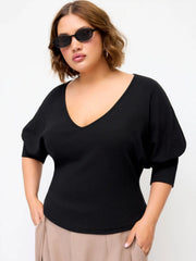 Cotton-blend V-neck Middle Lantern Sleeve Top Curve & Plus