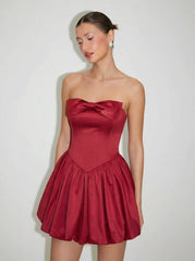 Satin Bowknot Lace Up Bubble Hem Mini Dress