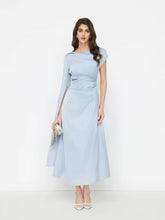 Satin Boat Neck Pleated Asymmetrical Sleeve Maxi Dress
