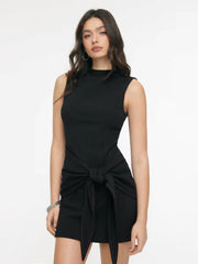 Stand Collar Zipper Knotted Mini Dress