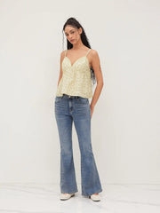 Cotton-blend V-neck Floral Lettuce Trim Ruffle Cami Top