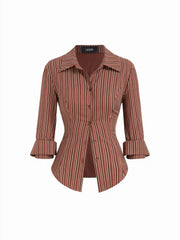Collar Stripe Curved Hem Roll up Long Sleeve Blouse
