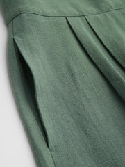 Linen-blend V-neck Solid Pocket Zipper Romper