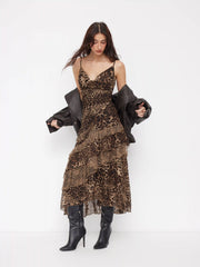 Leopard Cowl Neck Ruffled Asymmetrical Maxi Cami Dress