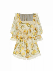 Chiffon Fruit Graphic Square Neck Lantern Sleeve Lace Romper