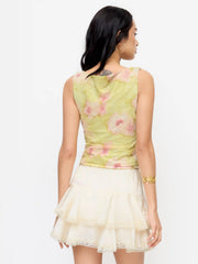 Satin Mid Rise Layered Lace Trim Mini Skirt