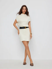 Cotton-blend High Neck Batwing Sleeve Straight Mini Dress With Belt