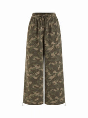 Camo Mid Rise Drawstring Wide Leg Trousers