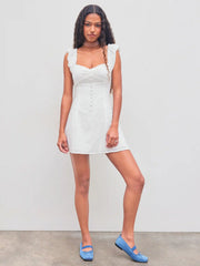 Broderie Anglaise Cotton-blend Off-shoulder Solid Button Mini Dress