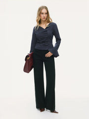 Stripe Asymmetrical Neck Ruffle Sleeve Ruched Blouse
