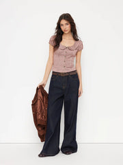 Red Gingham Peter Pan Collar Puff Sleeve Crop Blouse