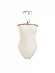 Halter Neckline Geometric Bead Detail One Piece Swimsuit