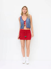 Knit Crochet V-Neck Colorblock Tie Front Bow Oversized Vest