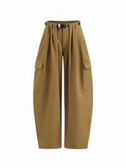 Cotton Low Rise Ruched Barrel-leg Cargo Trousers With Belt