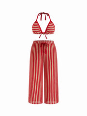 High Stretch Striped Halter Triangle Top & Mid Rise Wide Leg Pants Bikini Set Curve & Plus