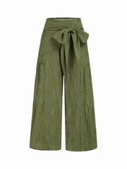 Lace Shirred Bowknot Straight Leg Trousers