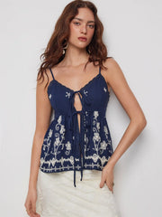 Floral Embroidery V-neck Cami Top with Lace Trim