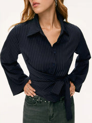 Collar Striped Wrap Side Knotted Bell Sleeve Blouse