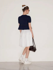 Denim Tie Front Bow Puff Sleeve Oversized Blouse