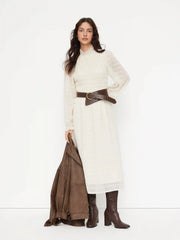 Textured Stand Collar Shirred Lantern Sleeve Maxi Dress