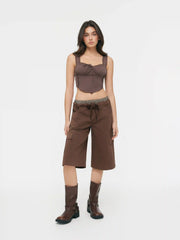 Cotton-blend High Rise Patchy Bermuda Drawstring Cargo Shorts