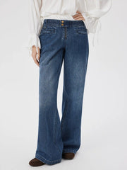 Denim Low Rise Button Detail Wide Leg Jeans