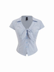 Cotton-blend Gingham Short Sleeve Twist Knotted Blouse