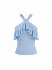 Knit Ribbed Halter Neckline Ruffle Top