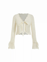 Knit V-Neck Knotted Hollow Out Bell Sleeve Cropped Oversized Top
