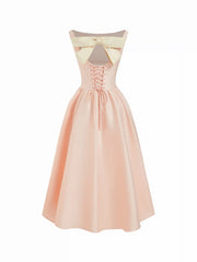 Satin Sculptural Backless Bowknot Criss Cross Lace Up Flared Midi Dress