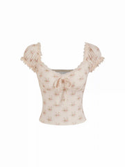 Floral Sweetheart Neckline Ruched Lace Trim Tie Front Top
