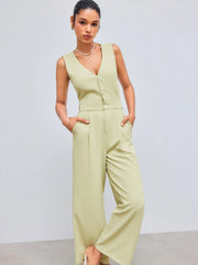 Woven V-neck Solid Pocket Cut Out Vest Jumpsuit