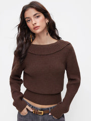 Knit Boat Neck Backless Chain Detail Long Sleeve Top