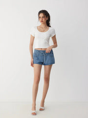 Denim High Rise Washed Drawstring Shorts