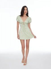 Jacquard V-neck Puff Sleeve Tie Front A-line Mini Dress