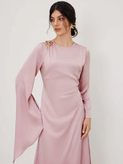 Satin Boat Neck Asymmetrical Sleeve Ruched Metal Detail Maxi Dress