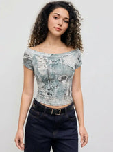 Boat Neck Lace Graphic Short Sleeve Cropped Top