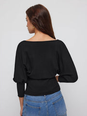 Cotton-blend V-neck Middle Lantern Sleeve Top