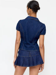 Denim Ruched Front Metal Button Short Sleeve Blouse