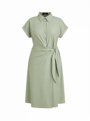 Linen-blend Short Sleeve Twist Knotted Shirt Midi Dress Curve & Plus