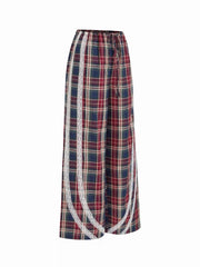 Cotton-blend High Rise Plaid Side Striped Lace Wide Leg Trousers
