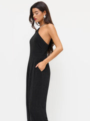 Asymmetrical Neck Glitter Rhinestone Straps Jumpsuit