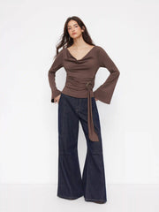 Cowl Neck Ruched O-ring Bell Sleeve Top