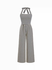 Cotton Halter Neckline Striped Knotted Jumpsuit