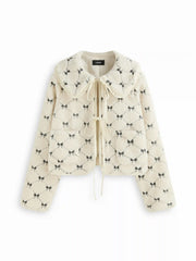 Fleece Peter Pan Collar Bowknot Embroidery Tie Front Oversized Jacket
