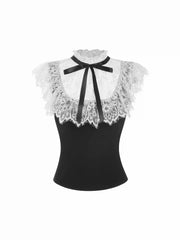 Stand Collar Contrast Lace Panel Bowknot Slim Tank Top