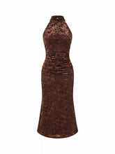 Velvet Halter Neckline Floral Ruched Midi Dress
