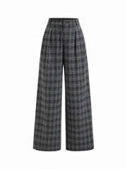 Mid Rise Plaid Pleated Wide Leg Trousers