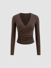 Wool-blend V-neck Solid Ruched Knitted Long Sleeve Top