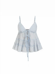Sweetheart Neck Tie Front Bow Ruffled Cami Blouse